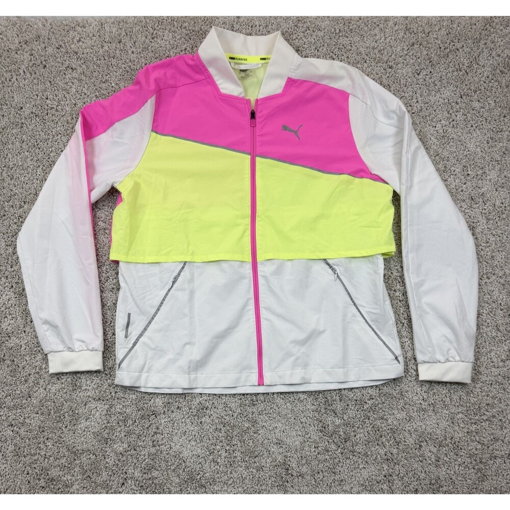 PUMA Women's M Running Jacket Pink White Neon Yellow Full Zip Reflective Colorbl